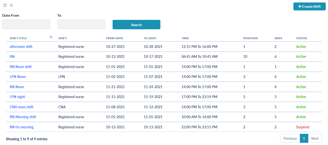 list of created shifts